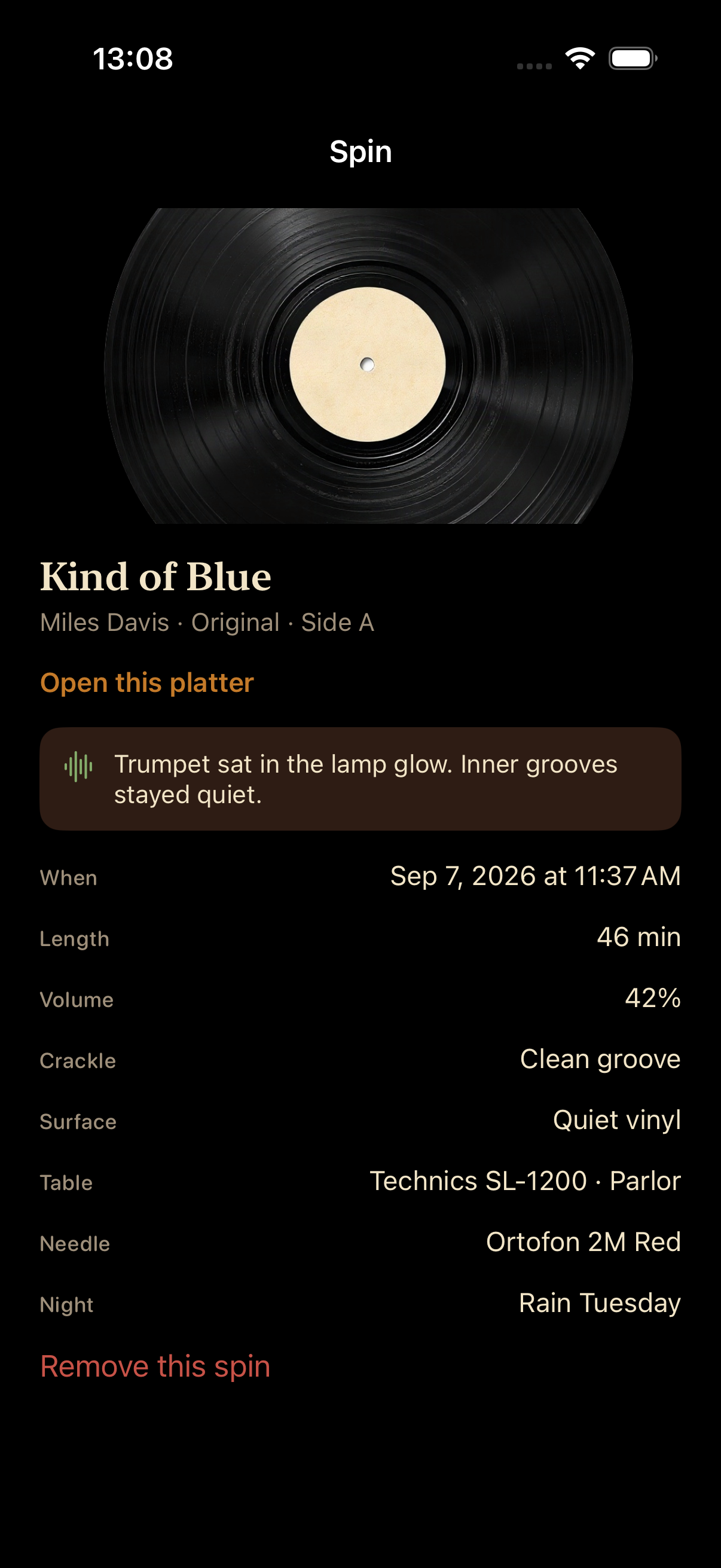 Spin detail for a Kind of Blue side A session